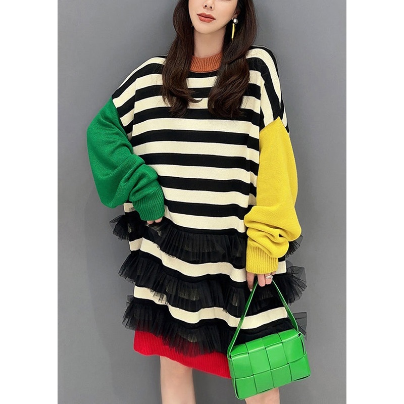 Chic Striped O Neck Tulle Patchwork Cotton Knit Mid Dress Fall