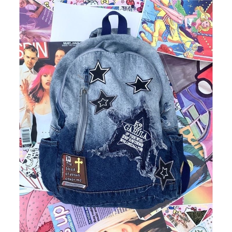 Classic Gradient Blue Denim Patch Large Capacity Backpack Bag