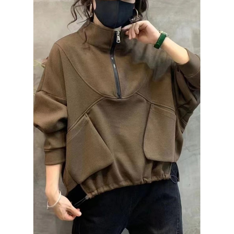 Coffee Drawstring Patchwork Warm Fleece Top Stand Collar Long Sleeve