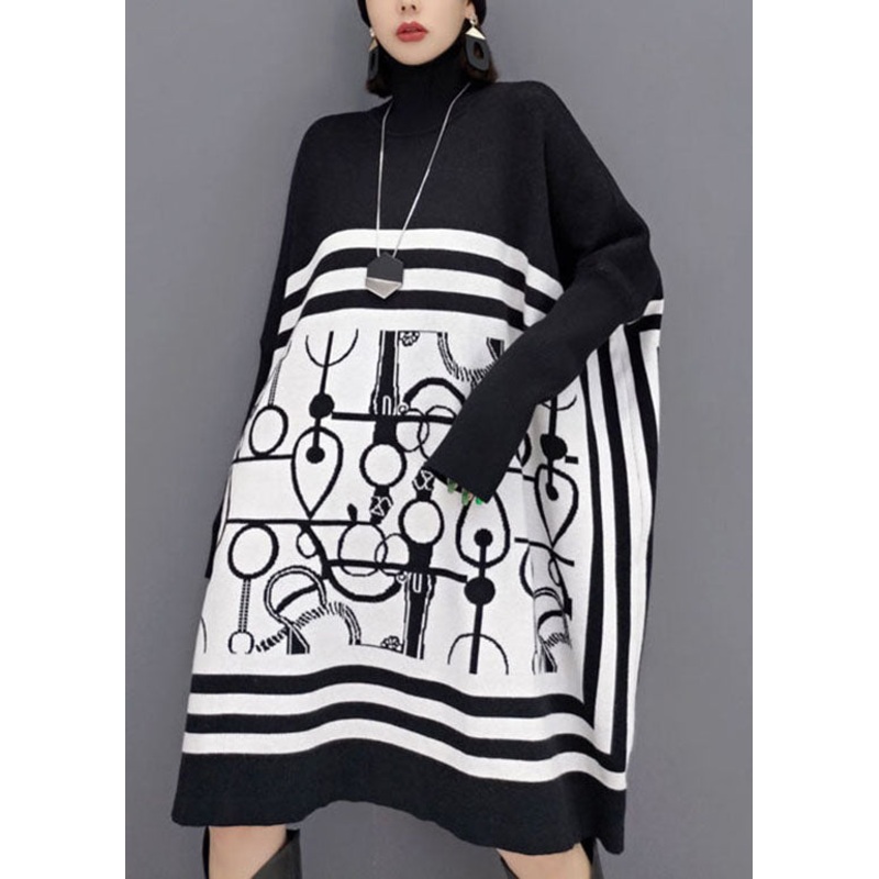 DIY White Turtle Neck Print Knit Long Dresses Spring