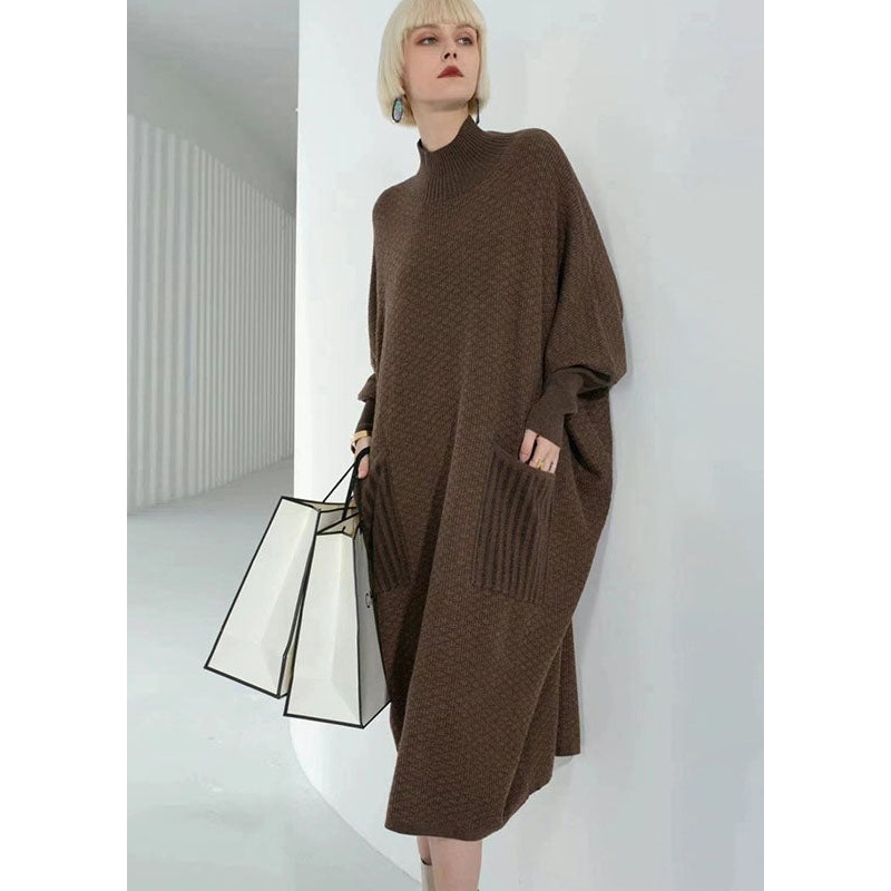 Elegant Chocolate Turtle Neck Patchwork Pockets Wool Sweater Dress Long Sleeve