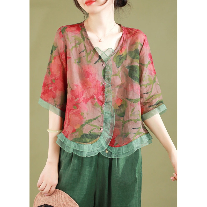 Fashion Red Ruffled Button Patchwork Linen Blouse Top Summer
