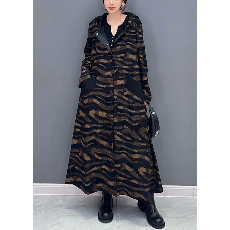 French Brown Hooded Print Button Cotton Long Trench Coat Fall