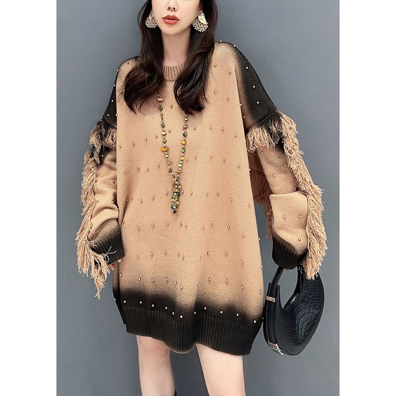 French Brown Tie Dye Tasseled Nail Bead Knit Tops Long Sleeve