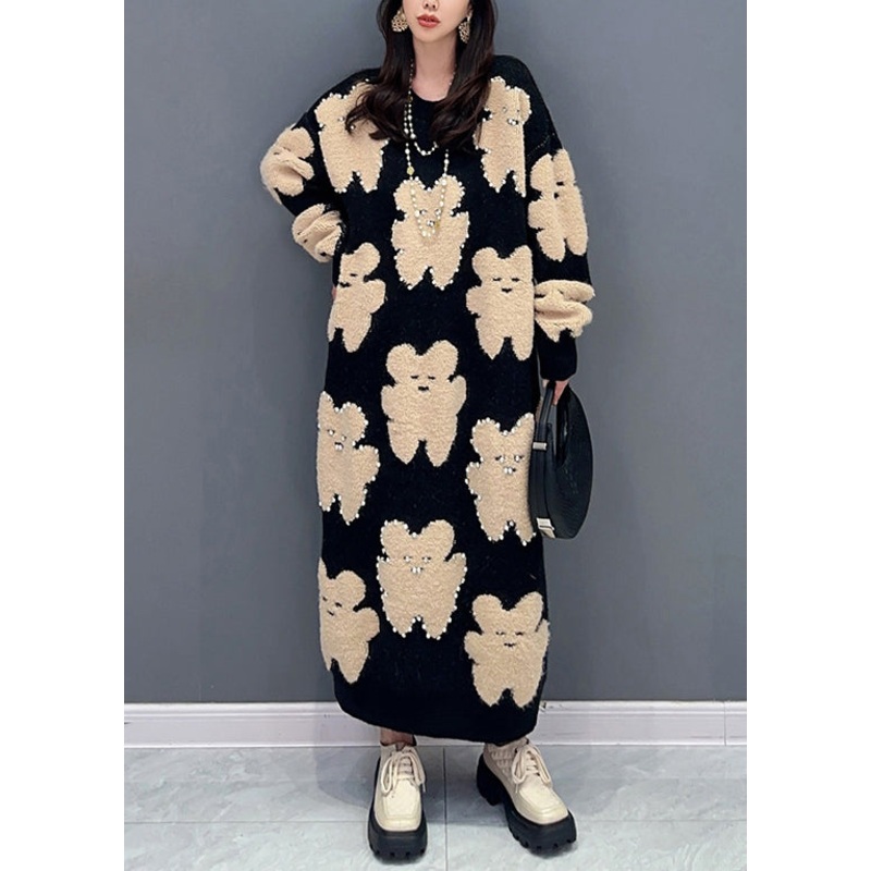 Handmade Black O Neck Little Bear Nail Bead Cotton Knit Long Dresses Fall
