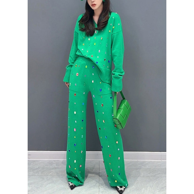 Handmade Green Zircon Pockets Patchwork Cotton Knit Two Pieces Set Fall