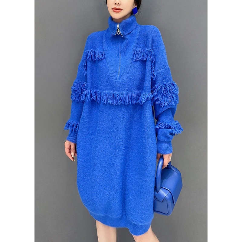 Italian Royal Blue Zip Up Tasseled Cotton Knit Mid Dress Long Sleeve