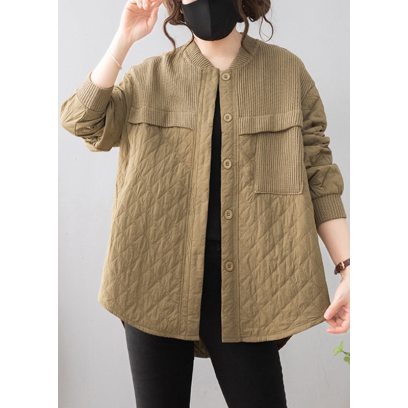 Khaki Low High Design Patchwork Thin Cotton Coat Stand Collar Winter