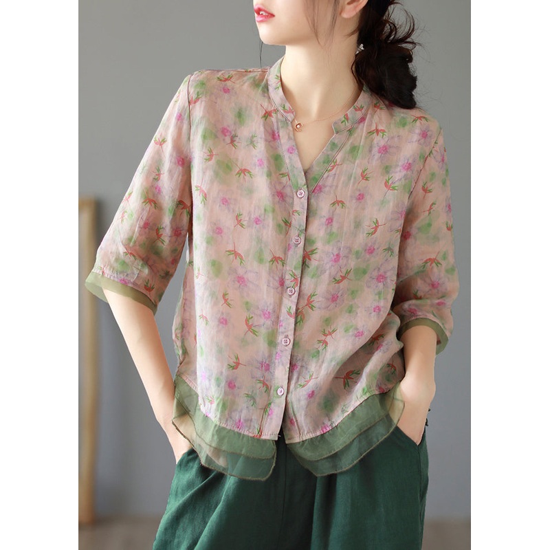 Khaki Tulle Patchwork Blouse Top V Neck Half Sleeve