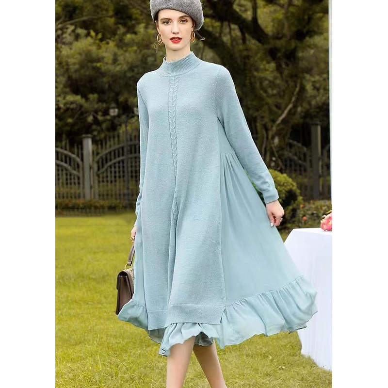 Light Blue Patchwork Woolen Dress Wrinkled Stand Collar Fall