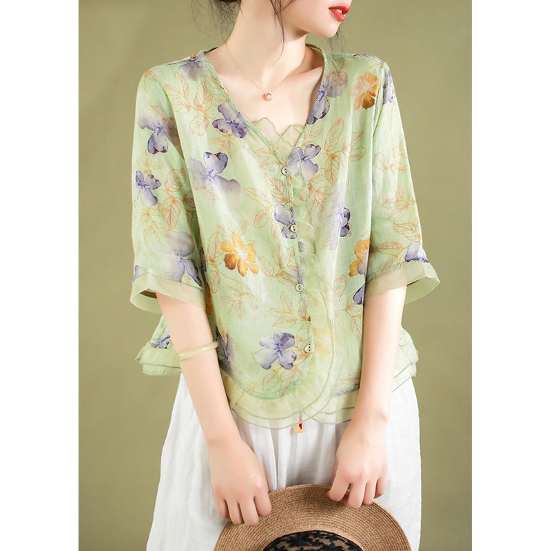 Light Green Print Patchwork Linen Shirt Top V Neck Half Sleeve