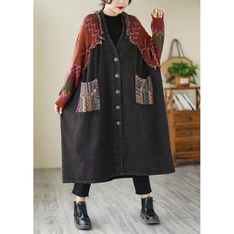 Loose Black Button Knit Patchwork Denim Long Coats Long Sleeve
