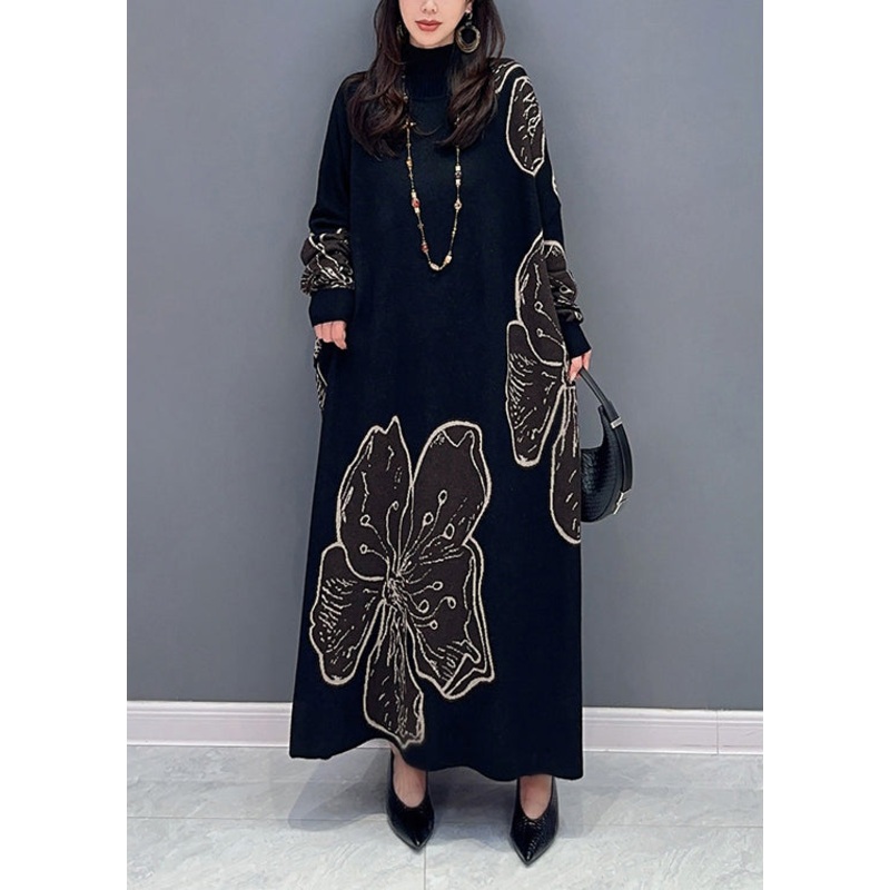 Loose Black Turtleneck Print Patchwork Cotton Knit Long Dresses Fall