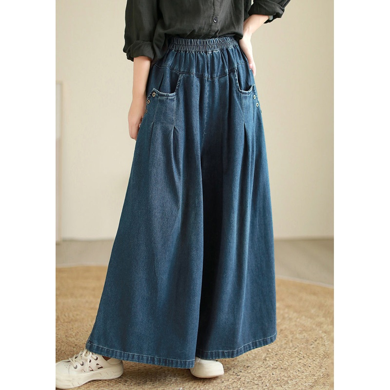 Loose Blue Pockets Elastic Waist Patchwork Denim Pants Fall
