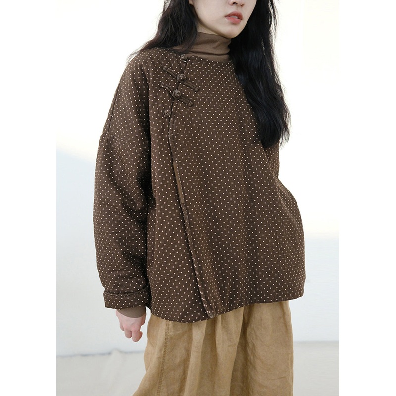 Loose Coffee Dot Button Patchwork Cotton Coat Winter Fall