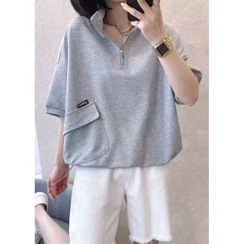 Loose Grey Zip Up Drawstring Patchwork Cotton Sweatshirts Summer