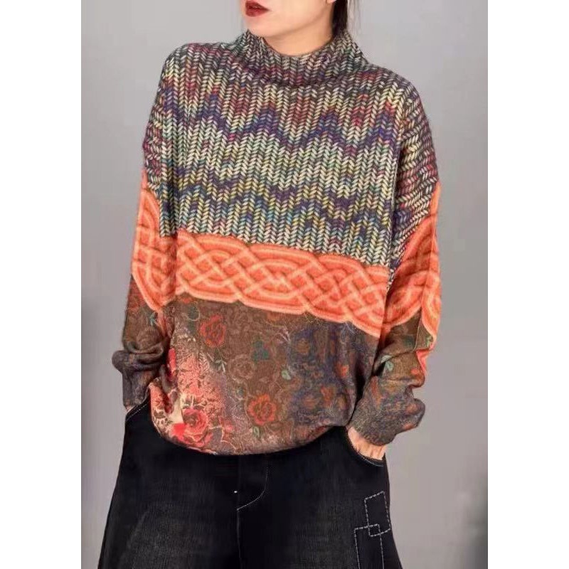 Loose Orange Turtleneck Print Patchwork Mink Hair Knitted Top Fall