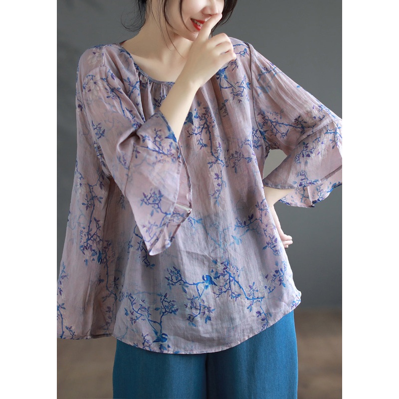 Loose Purple O Neck Print Linen Blouse Tops Summer