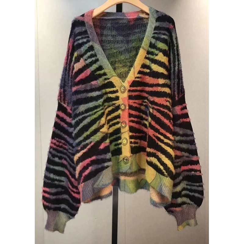 Loose Striped V Neck Button Patchwork Mink Hair Knitted Tops Fall