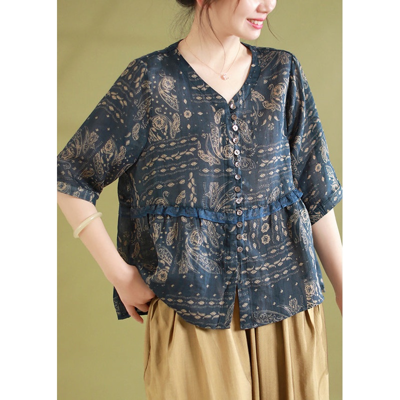 Navy Button Patchwork Linen Shirt Tops V Neck Half Sleeve