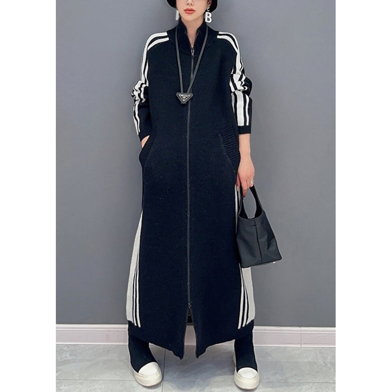New Black Striped Zip Up Pockets Cotton Knit Long Dress Fall