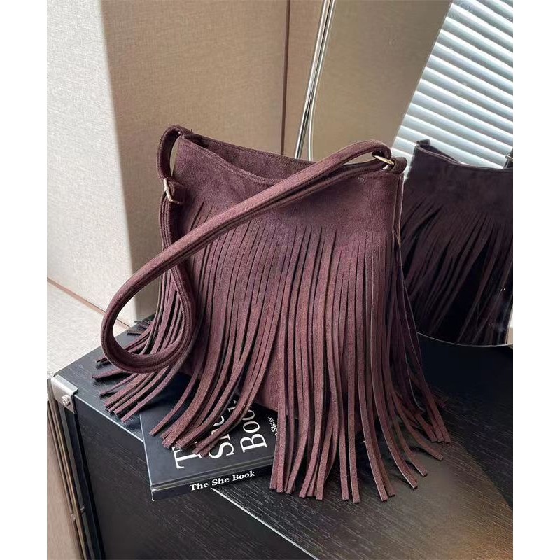 New Coffee Faux Suede Tassel Versatile Shoulder Crossbody Bag