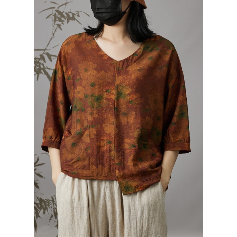 New Orange Asymmetrical Print Pockets Cotton T Shirts Summer