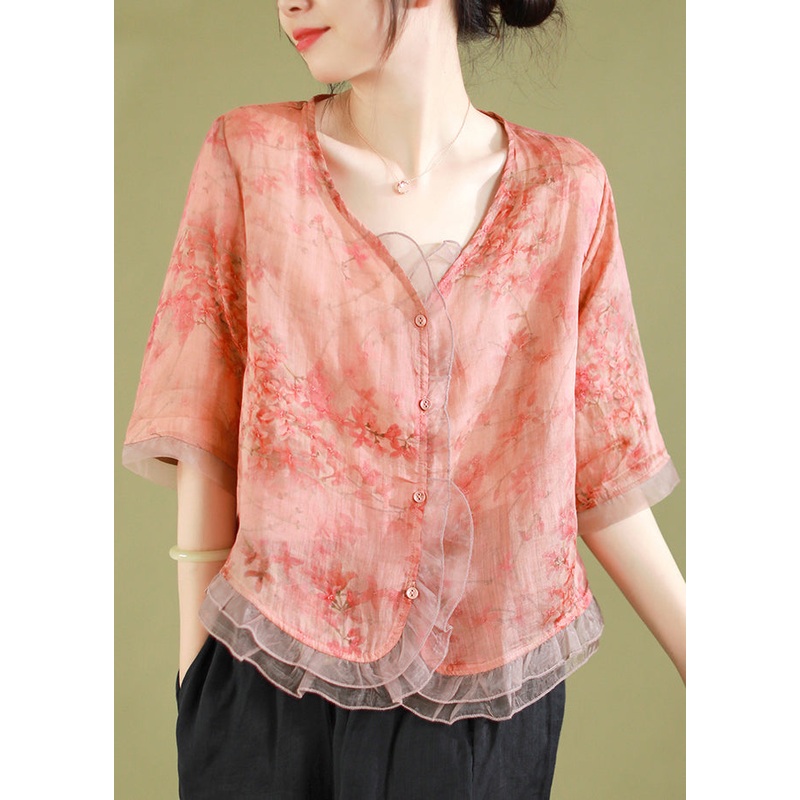 New Peach Style V Neck Button Tulle Patchwork Tops Summer