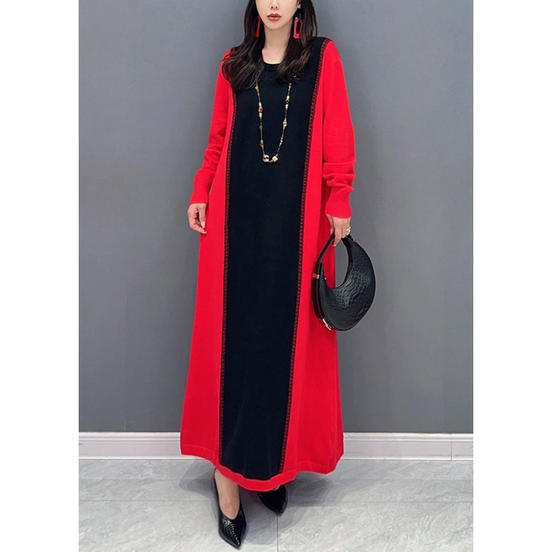 New Red O Neck Patchwork False Two Pieces Cotton Knit Long Dresses Fall