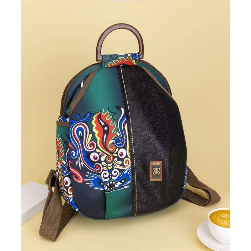 Oriental Style Gradient Green Print Patchwork Backpack Bag