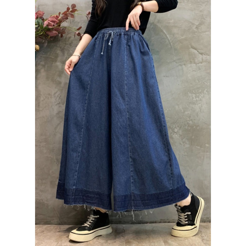 Plus Size Navy Pockets Elastic Waist Wide Leg Pants Fall