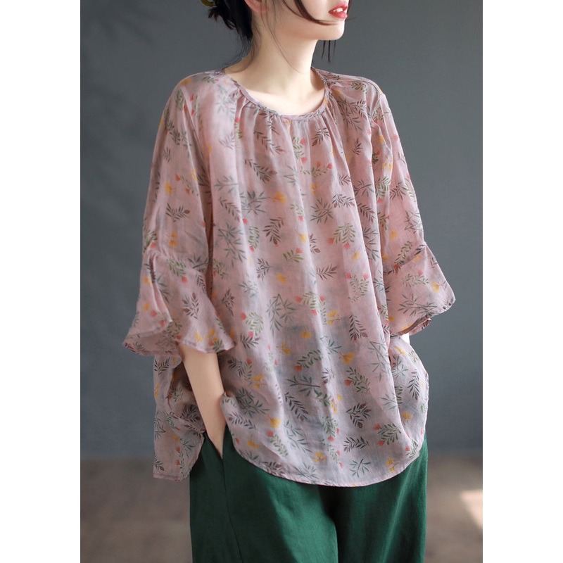 Plus Size Pink Print Patchwork Linen Shirts Flare Sleeve