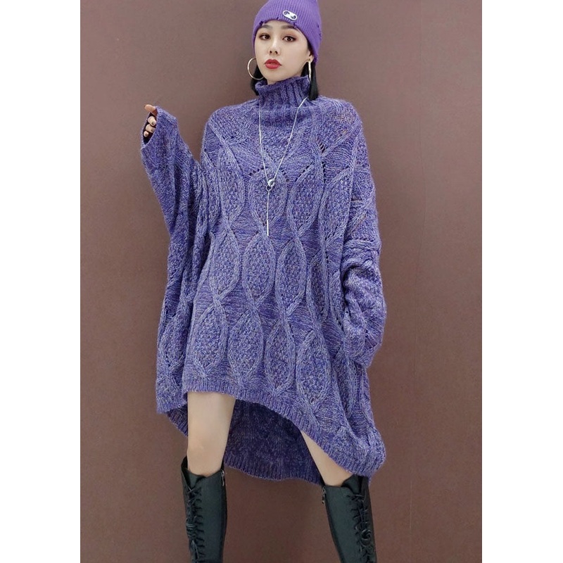 Plus Size Purple low high design Long Knit Dress Spring