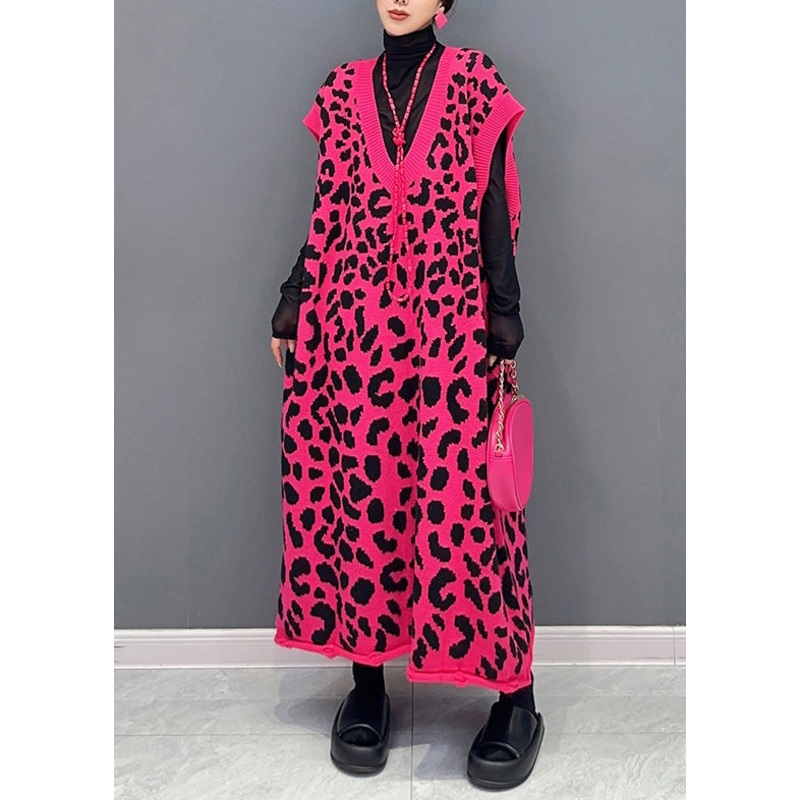 Plus Size Rose Leopard V Neck Cotton Knit Waistcoat Long Dresses Sleeveless