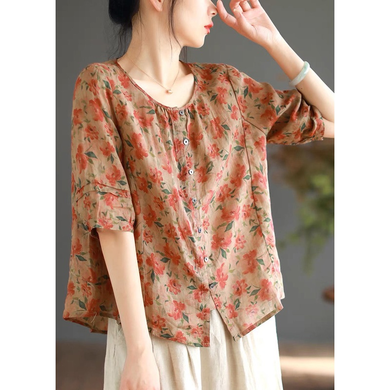 Red Button Patchwork Linen Shirt Top O Neck Summer