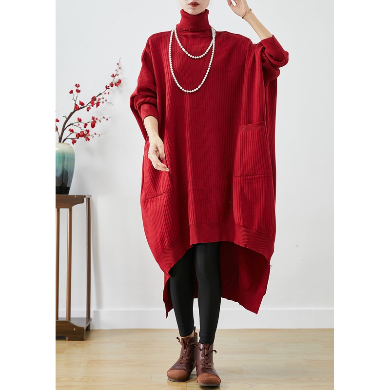 Red Oversized Knit Sweater Dress Turtle Neck Asymmetrical Batwing Sleeve