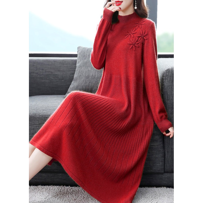 Red Patchwork Sweater Dress Embroidered Turtleneck Fall