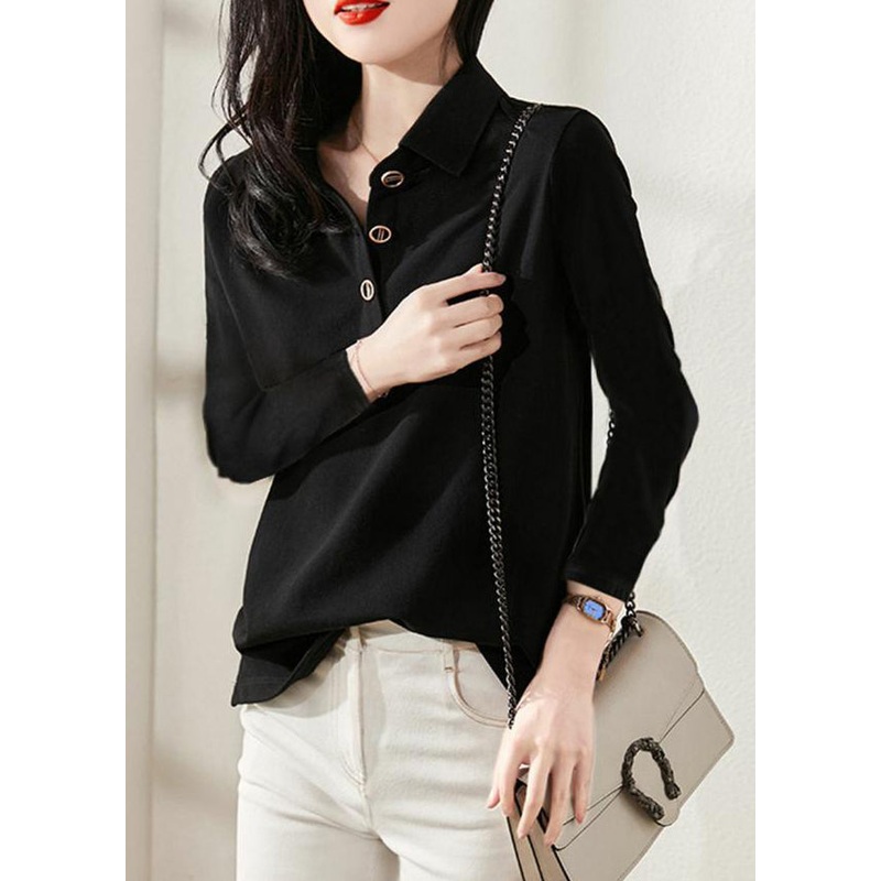 Simple Black Peter Pan Collar Button Cotton Top Long Sleeve