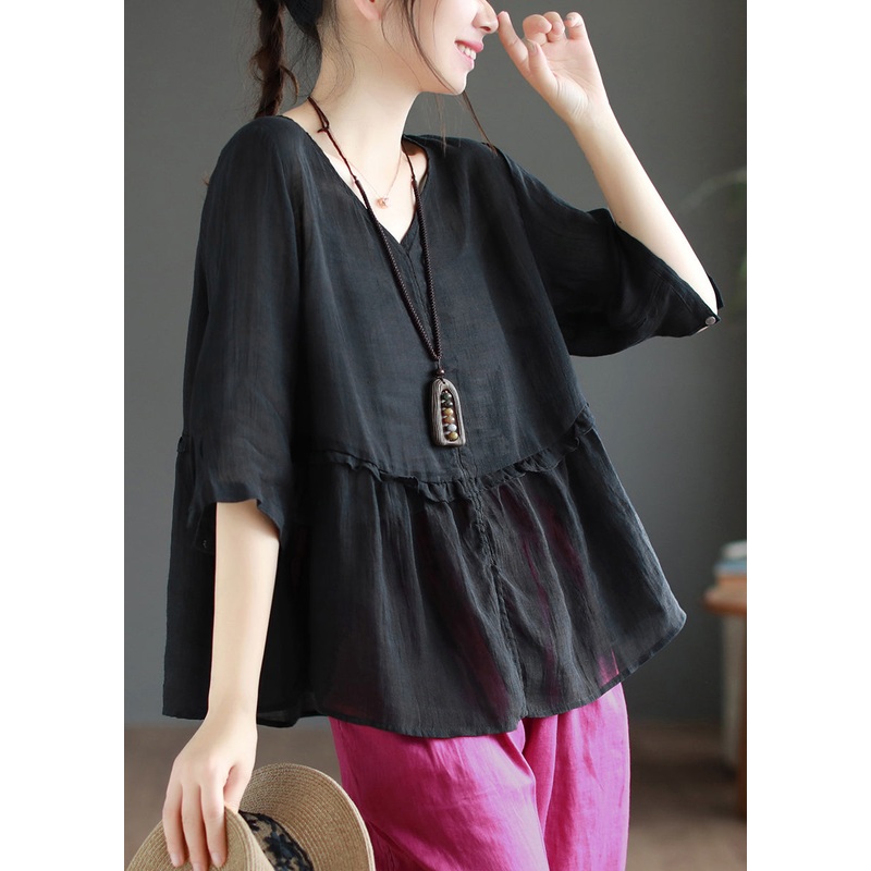 Simple Black V Neck Wrinkled Patchwork Linen Blouse Top Summer