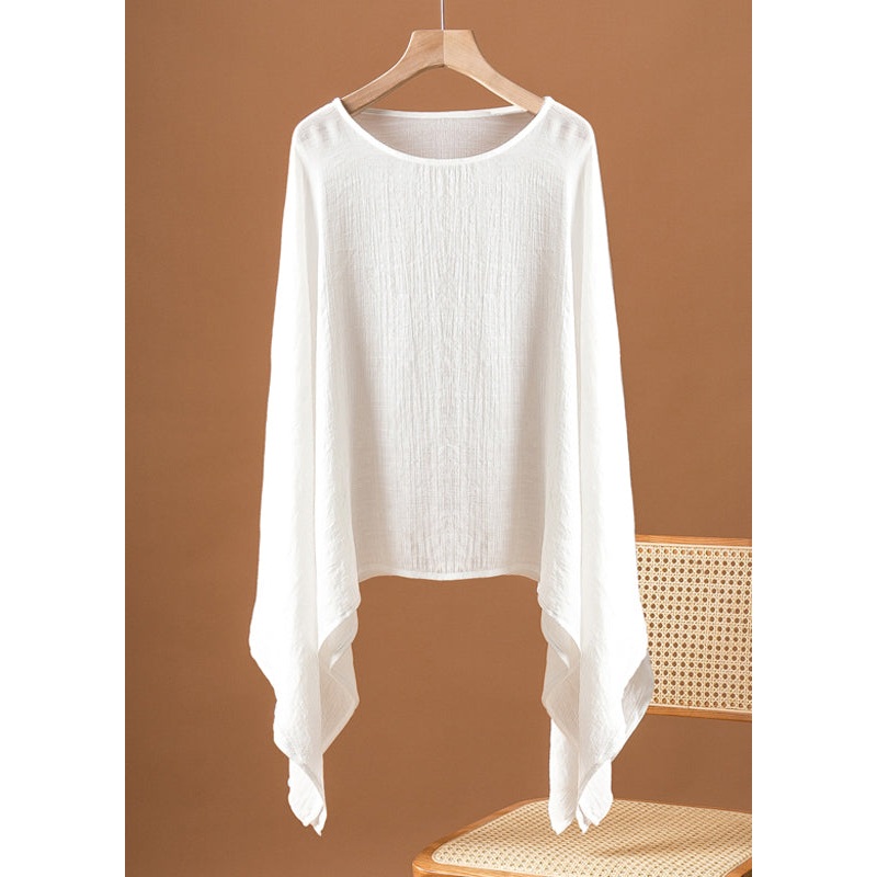 Simple White O Neck Asymmetrical Patchwork Cotton Top Fall