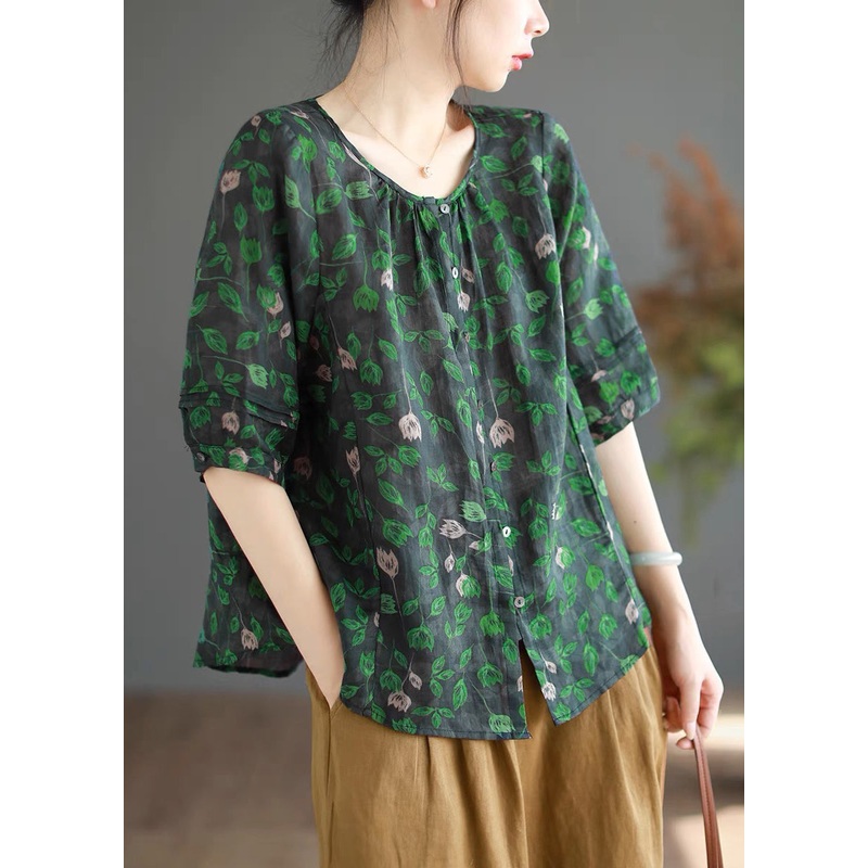 Vintage Green Print Button Linen Shirt Half Sleeve