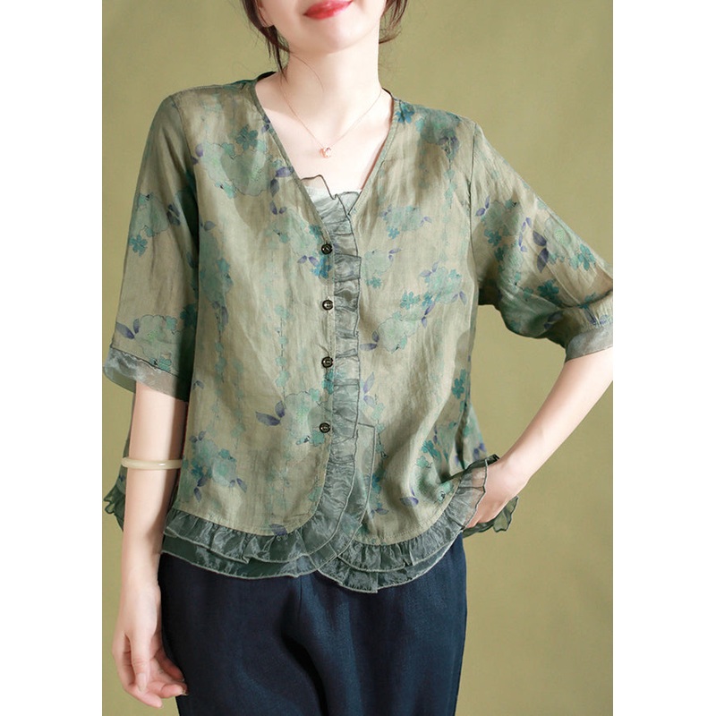 Vintage Green V Neck Print Patchwork Linen Shirts Summer