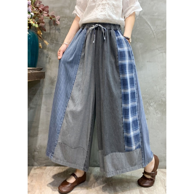 Vintage Grey Pockets Patchwork Denim Wide Leg Pants Fall