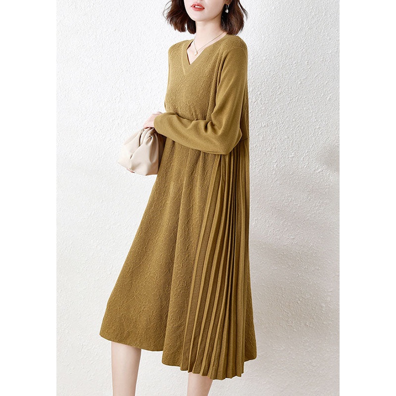 Vintage Yellow V Neck Patchwork Wrinkled Woolen Long Knit Dress Long Sleeve