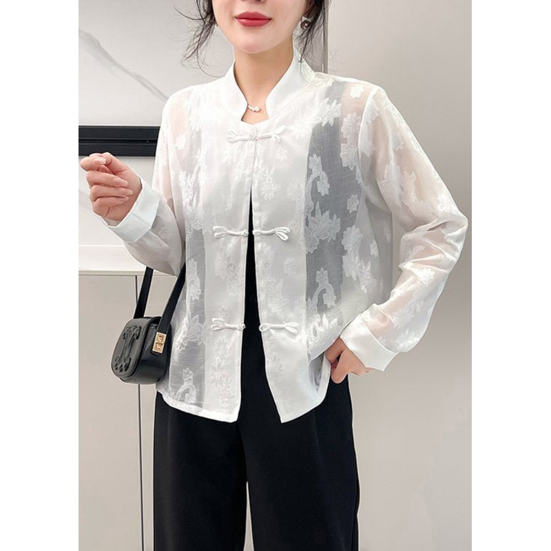 White Button Patchwork Blouse Stand Collar Long Sleeve