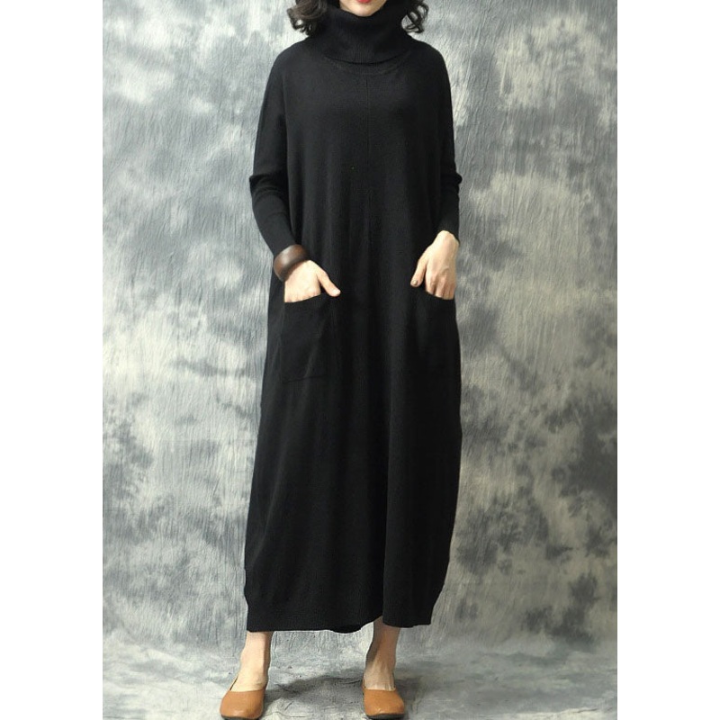 Women Black Turtleneck Pockets Fall Knit Dress