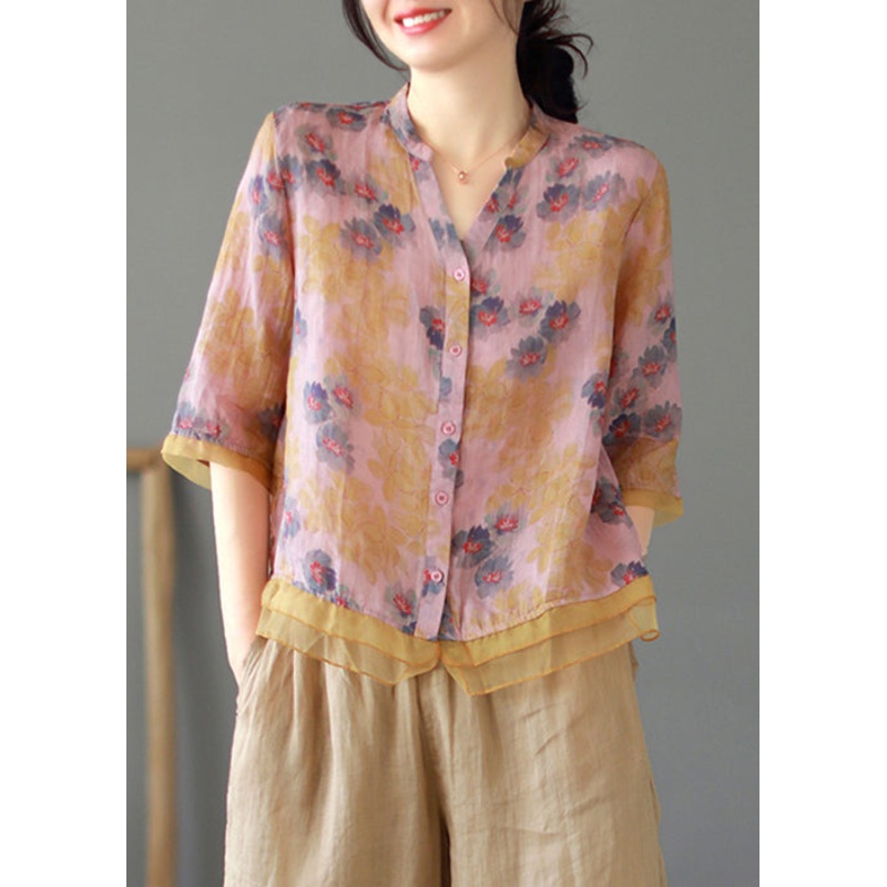 Women Purple V Neck Button Patchwork Linen Shirt Tops Summer