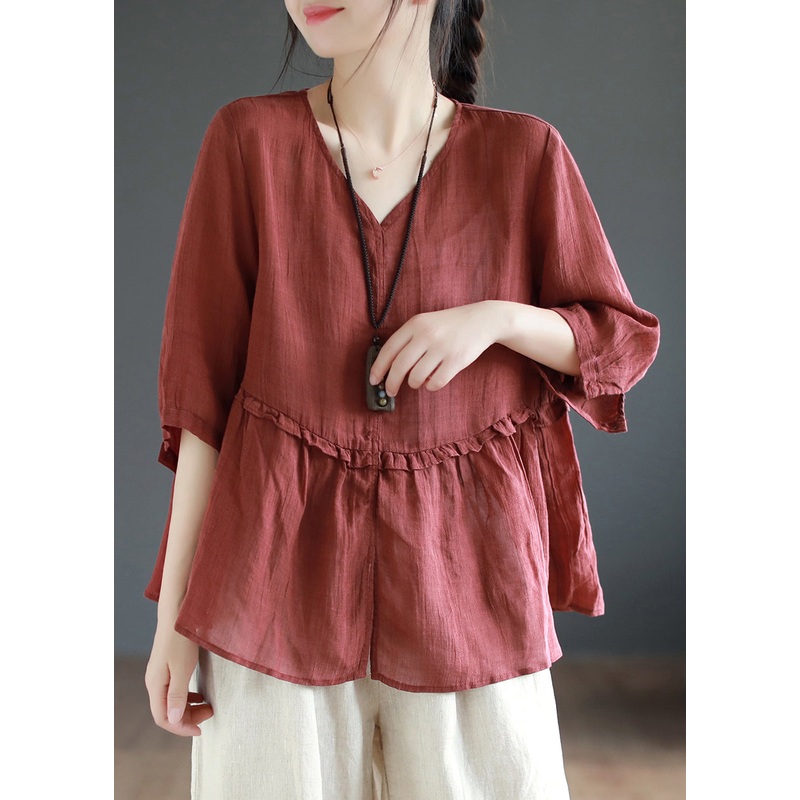 Women Wine Red Ruffled Side Open Patchwork Linen Shirts Summer