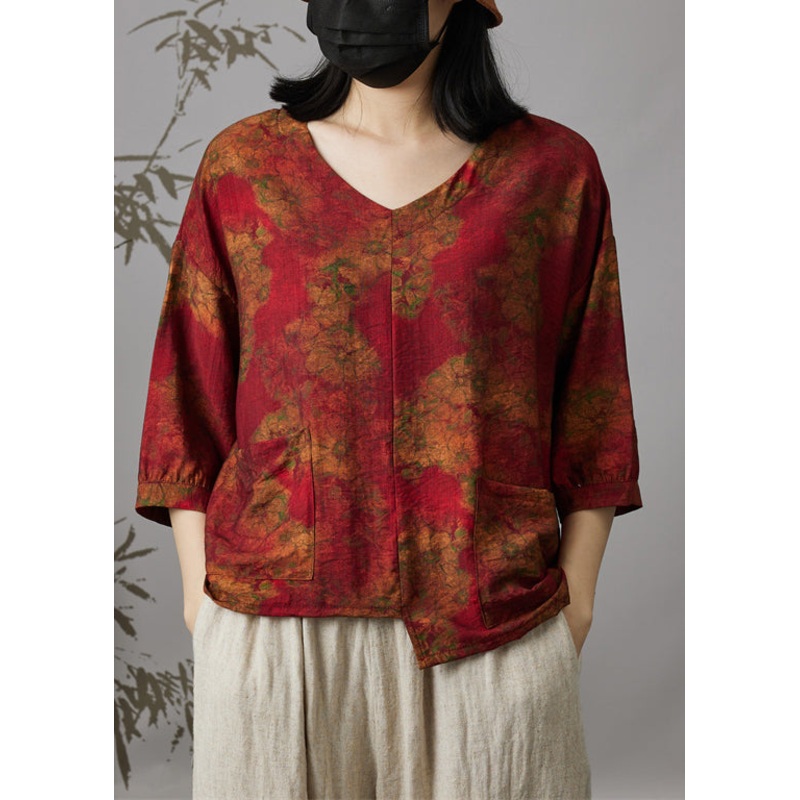 Women Wine Red V Neck Print Patchwork Cotton Top Summer