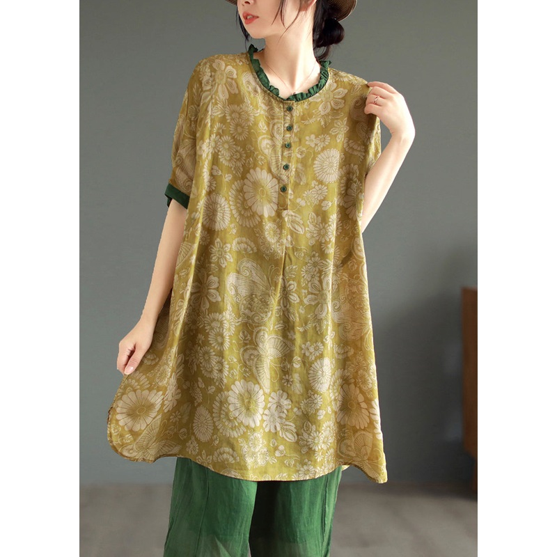 Yellow Button Patchwork Linen Mid Dresses O Neck Half Sleeve